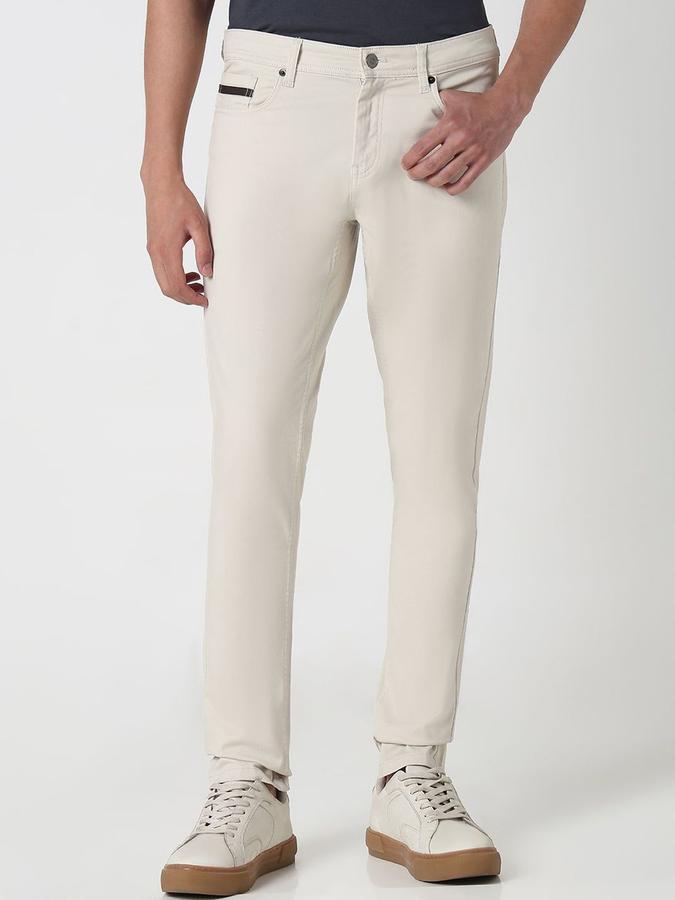 R&B Men Ivory Solid Skinny Fit Trousers