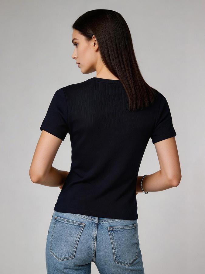 R&B Blue Solid Women Fitted Top 