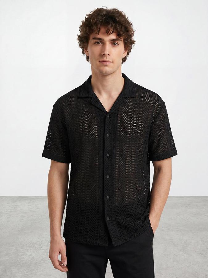 R&B Men Black Textured Resort Collar Short Sleeves Relaxed Fit Shirt