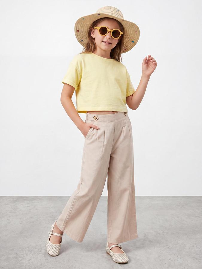 R&B Girls Beige Solid Regular Fit Trouser