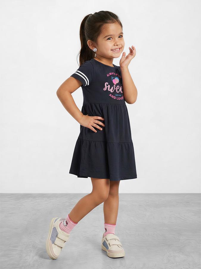 R&B Girl Navy Blue  Glitter Graphic Print Pure Cotton Short Sleeves Fit and Flare Dress
