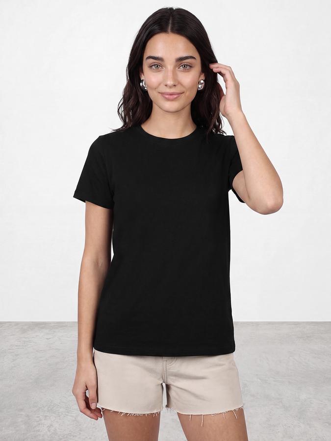 R&B Women Black Solid Short Sleeves Soft Touch Tshirt