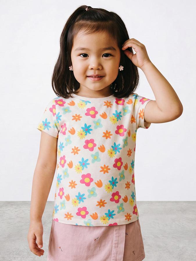 R&B Girls Beige Floral Print Short Sleeves Round Neck Pure Cotton T-Shirt