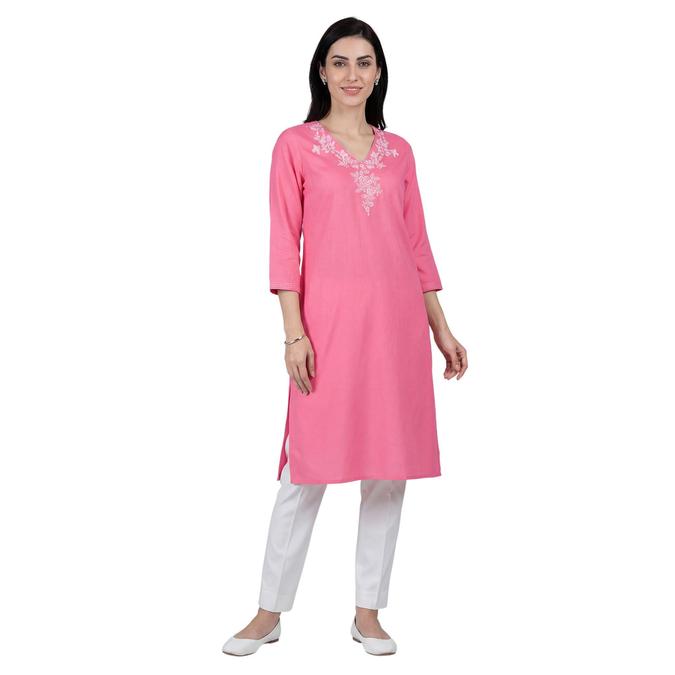 R&B Pink Women V-Neck Three-Quarter Sleeves Kurta 