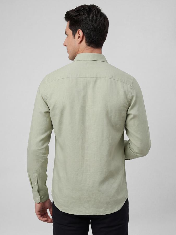 R&B Sage Green Solid Men Spread Collar Long Sleeves Shirt