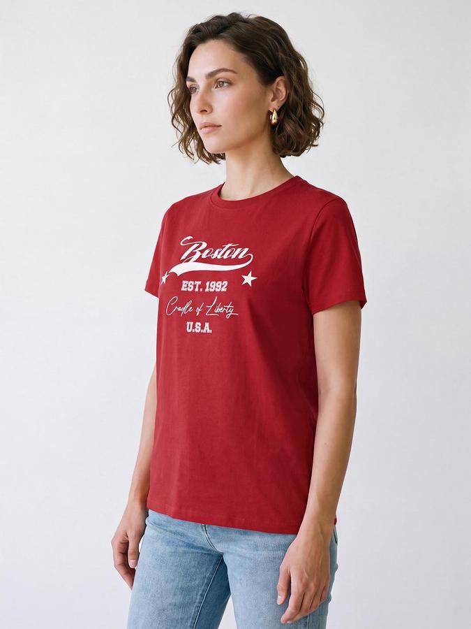 R&B Women Red Short Sleeve Round Neck Typography Graphic Print T-Shirt