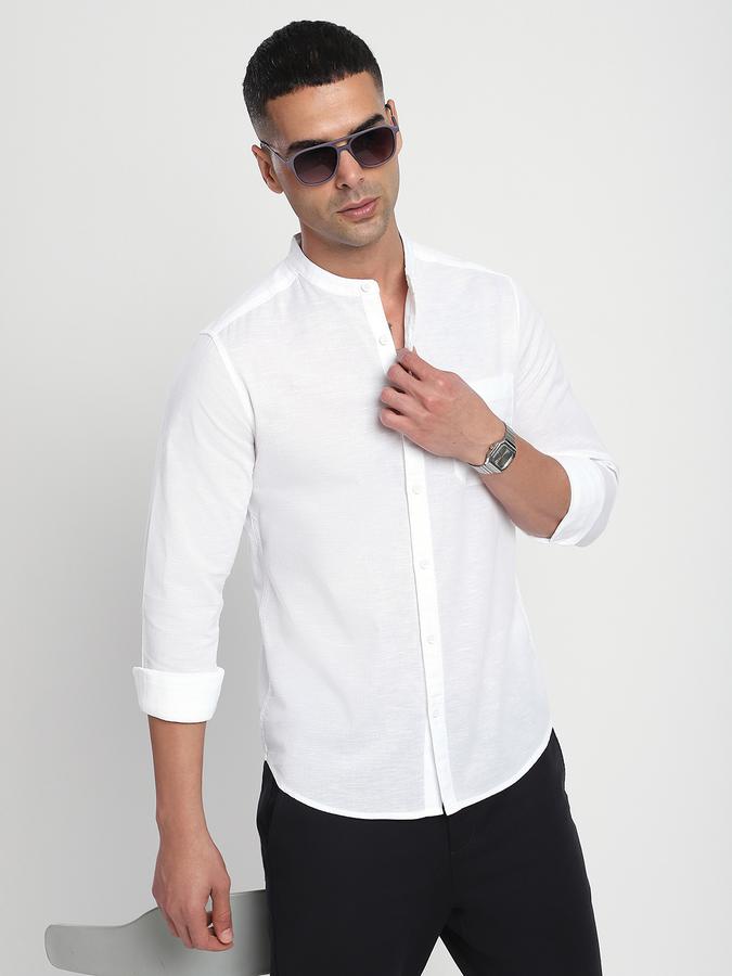 Men Cotton Slim Fit Mandarin Collar Solid Shirt