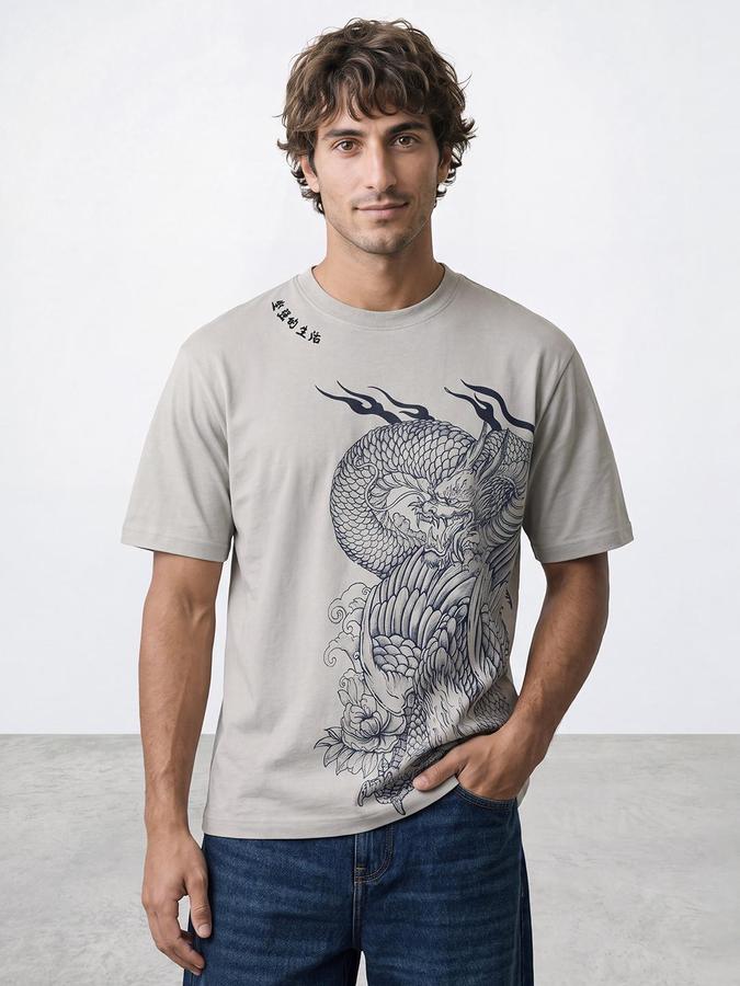 R&B Men Grey Short Sleeve Round Neck Japanese Dragon Graphic Print T-Shirt