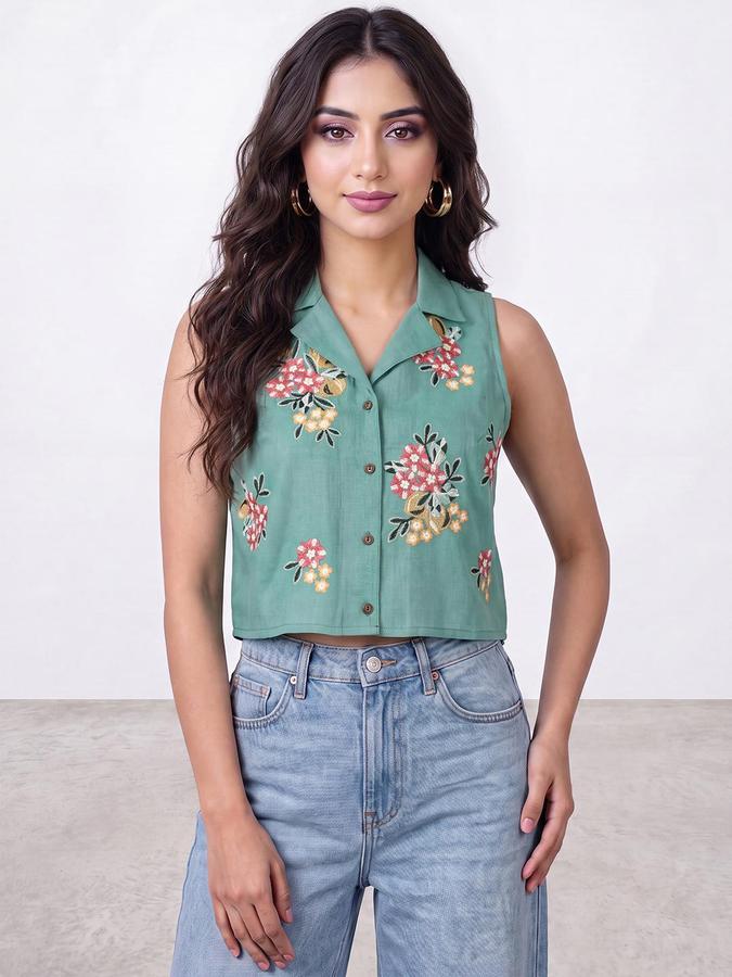 R&B Womens Green Sleeveless Floral Embroidered Shirt Collar Crop Top