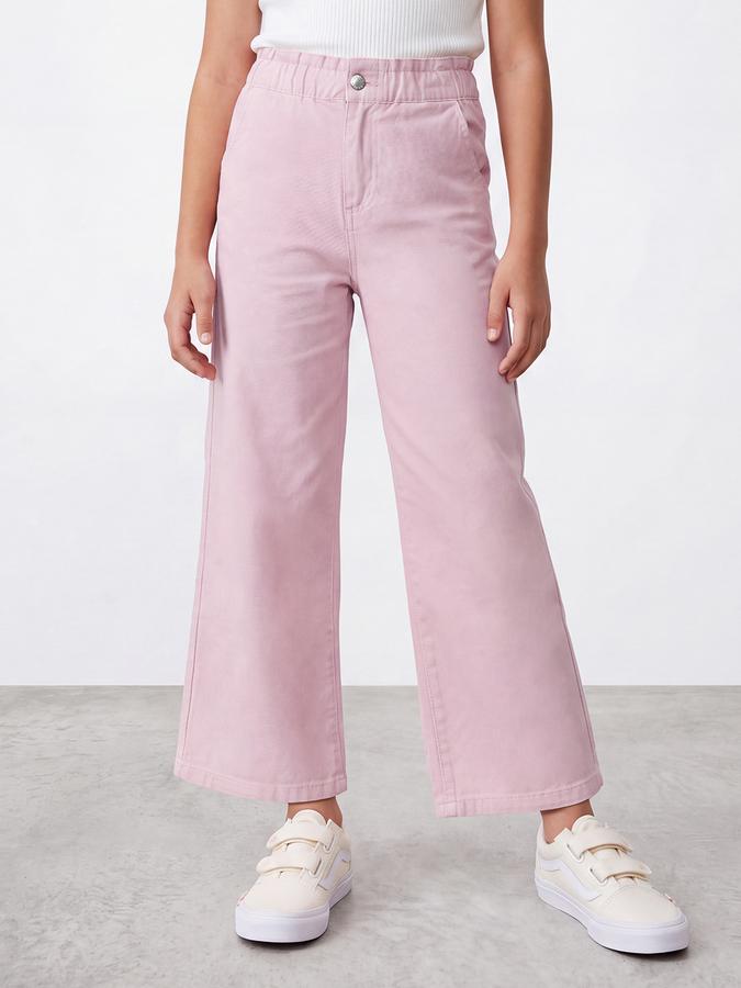 R&B Girls Pink Solid Wide Leg Mid Rise Trousers