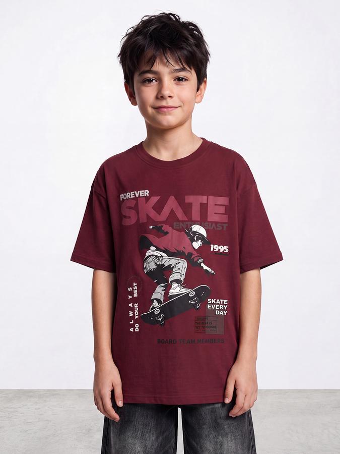 R&B Boys Maroon 3D Puff Print Drop-Shoulder Sleeves Tshirt