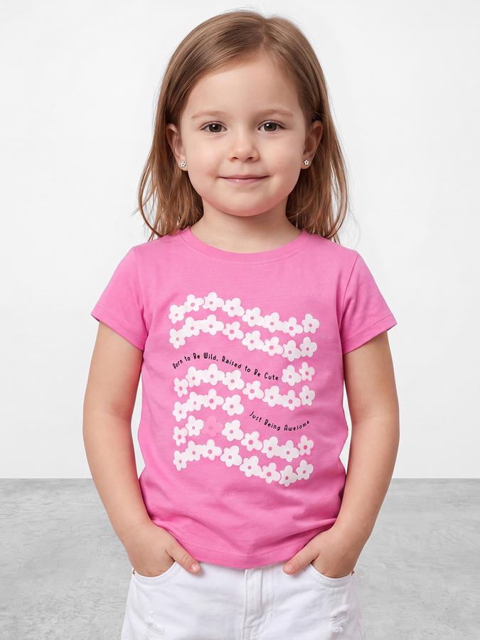 R&B Girls Pink Floral Print  Short Sleeves Pure Cotton T-shirt