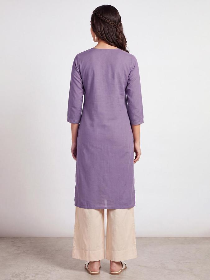 R&B Women Dusty Purple Round Neck 3/4 Sleeves Pintuck Straight Kurta