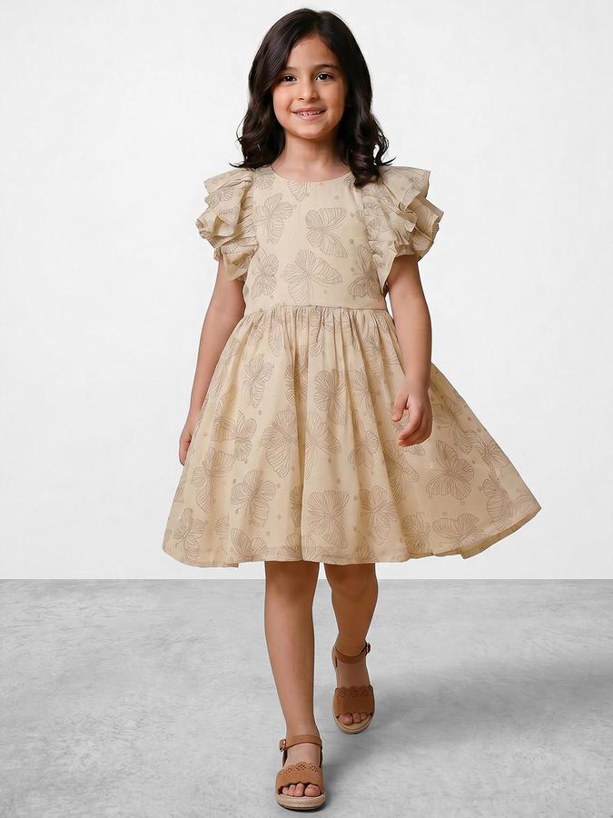 R&B Beige Viscose Printed Girls Dresses
