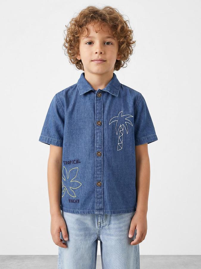 R&B Boys Medium Blue Spread Collar Short Sleeves Tropical Palm Tree Embroidery Shirt