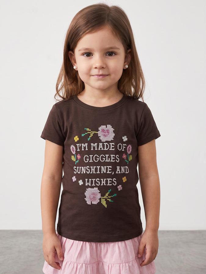 R&B Girls Brown Graphic Print Short Sleeves Round Neck Pure Cotton T-Shirt