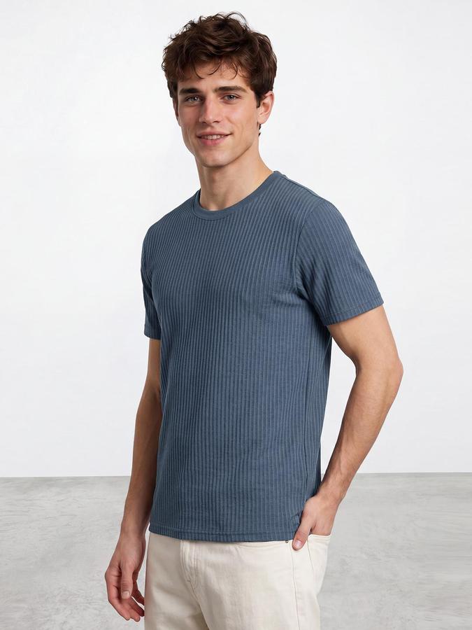 R&B Men Blue Ribbed Short Sleeves Tshirt