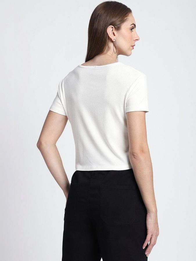 R&B Womens Ivory Self Design Round Neck Short Sleeves T-shirt