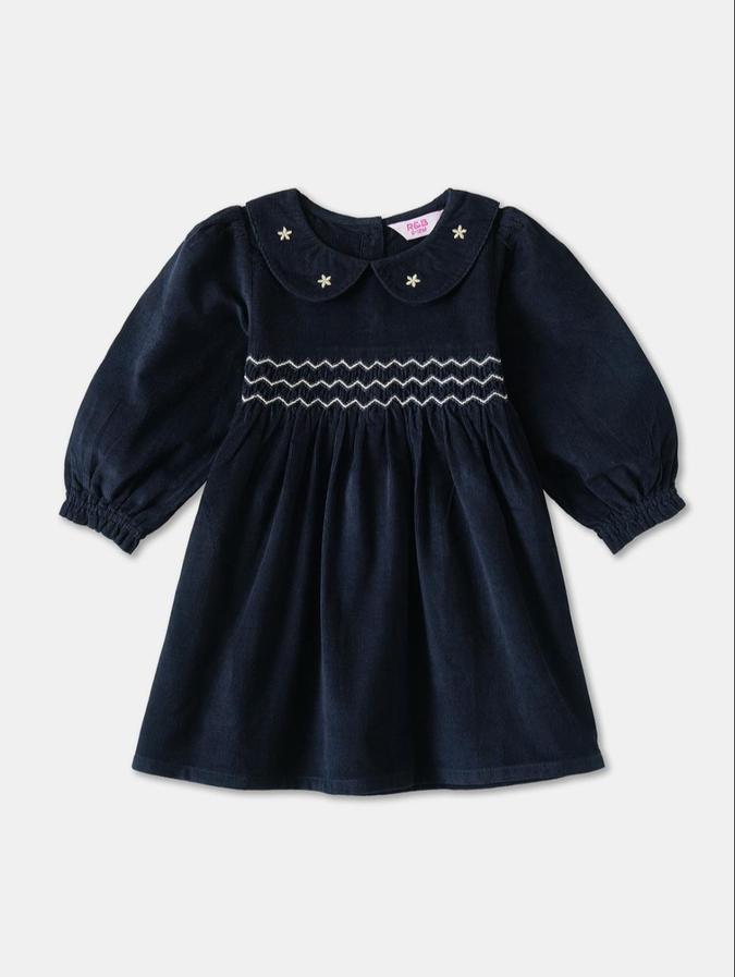 R&B Navy Blue Striped  Girls Long Sleeves Dress