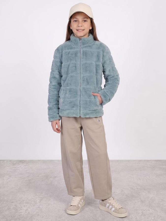 R&B Girls Teal Self Design Mock Collar Long Sleeves Fur Jacket