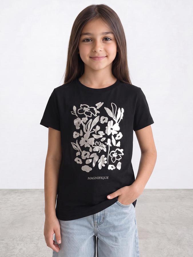 R&B Girls Black Floral Print Short Sleeves Round Neck Pure Cotton T-Shirt