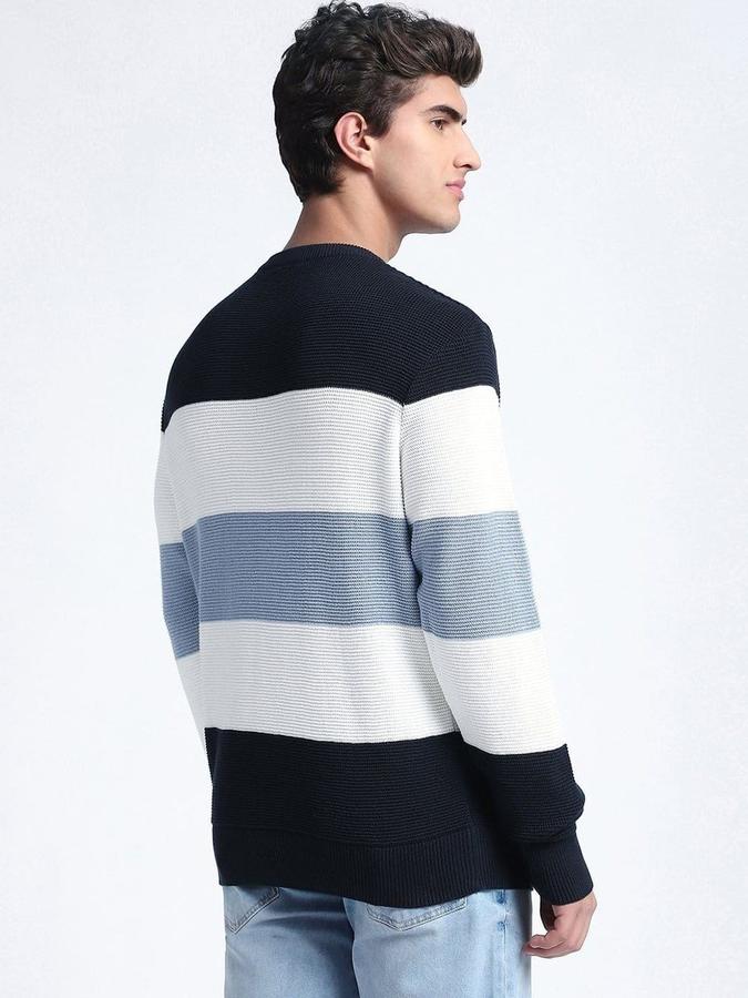 R&B Men Navy Blue Round Neck Colourblocked Long Sleeves Sweater