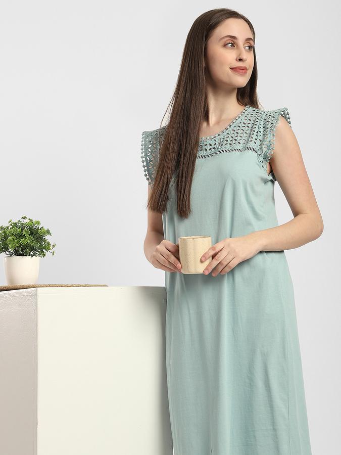 Women Cotton Relaxed Fit Round Neck Lace Yoke Night Shirt