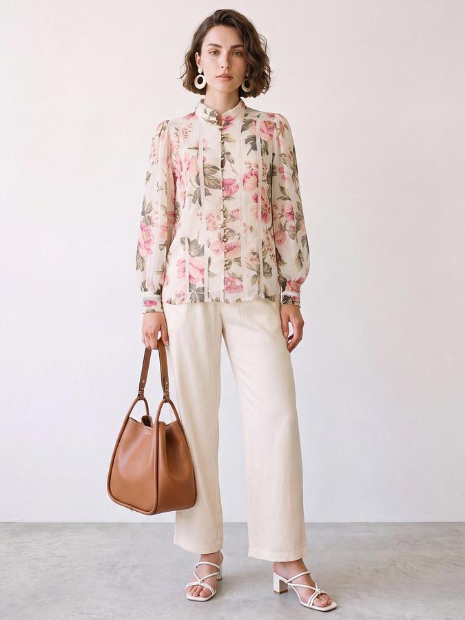 R&B Womens Pink Mandarin Collar Long Sleeves Floral Print Sheer Top