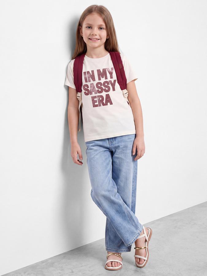 R&B Girls Beige Typographic Printed  Short Sleeves Pure Cotton T-shirt