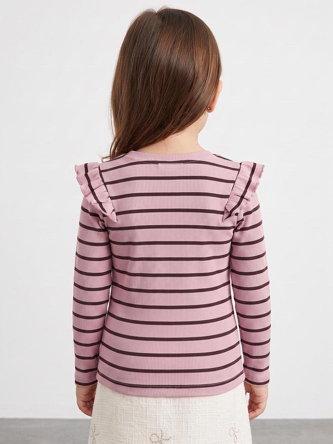 R&B Girls Pink Striped Long Sleeves Round Neck Ribbed T-Shirt