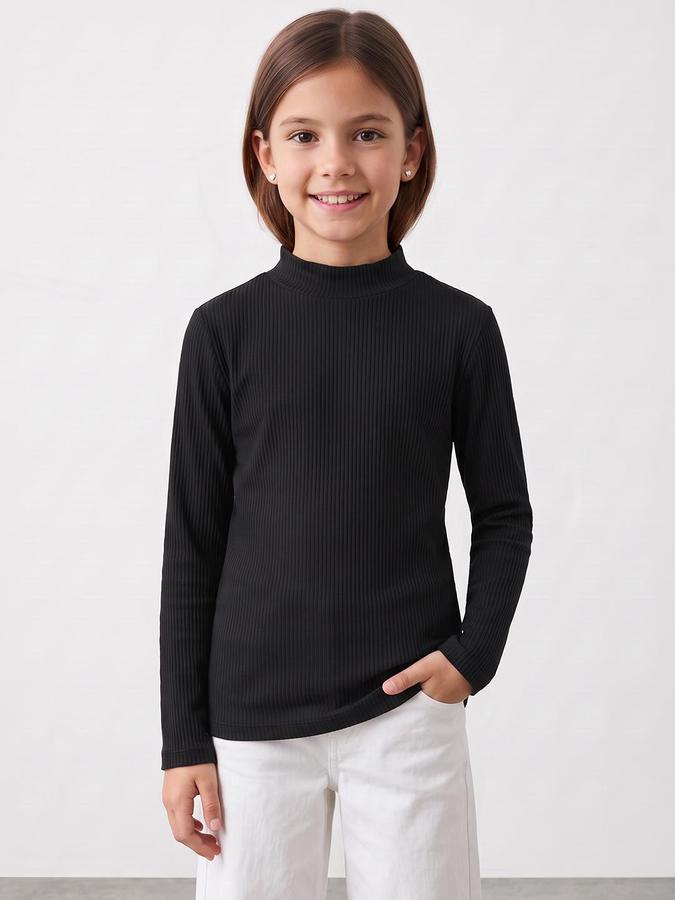 R&B Girls Black Textured Long Sleeves High Neck Ribbed T-Shirt