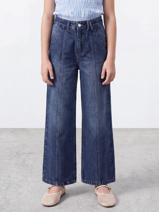 R&B Girls Blue Solid Wide Leg High Rise Jeans