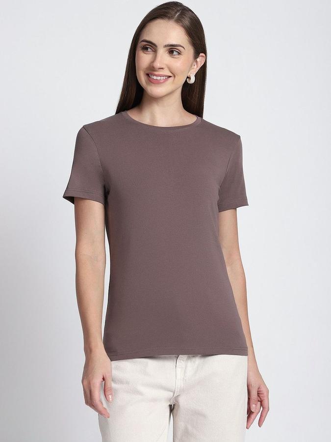 R&B Womens Mauve Solid Round Neck Short Sleeves T-shirt