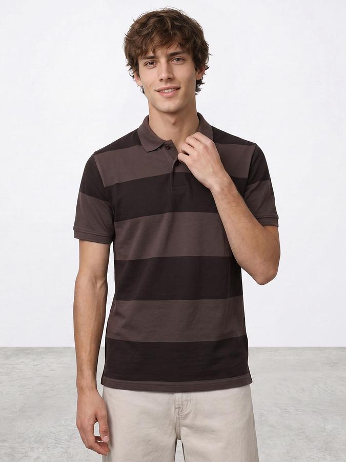 R&B Men Brown Striped Short Sleeves Polo Collar Pure Cotton T-Shirt