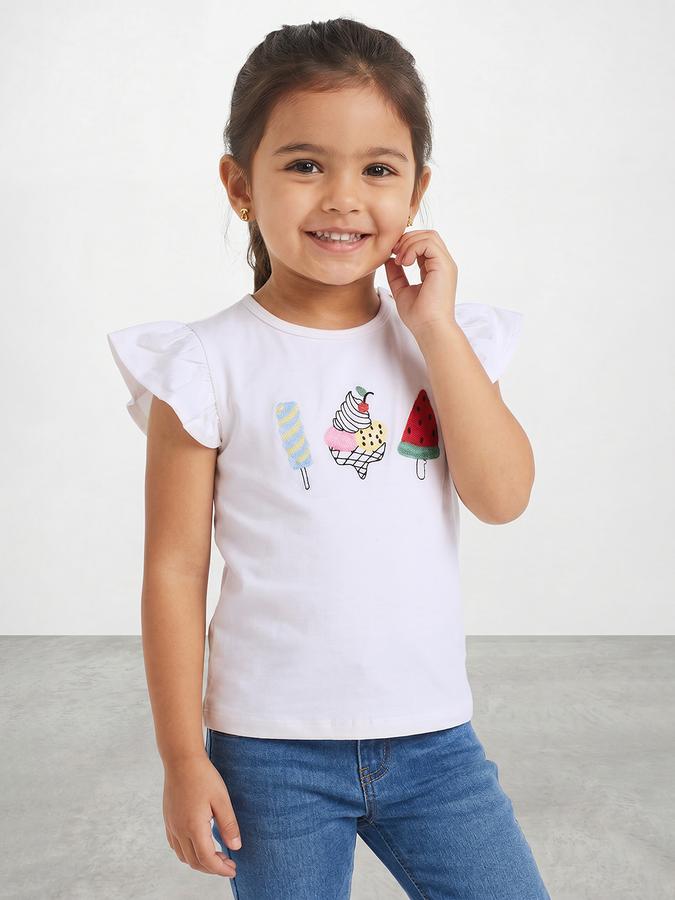 R&B Girls White Regular Fit Graphic Print Short Sleeve T-shirt
