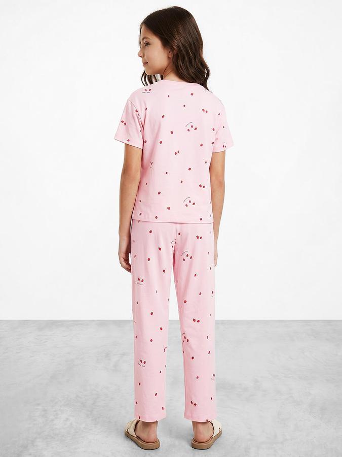 R&B Girls Pink Printed Round Neck Short Sleeves Pure Cotton T-shirt &amp; Pyjamas Set