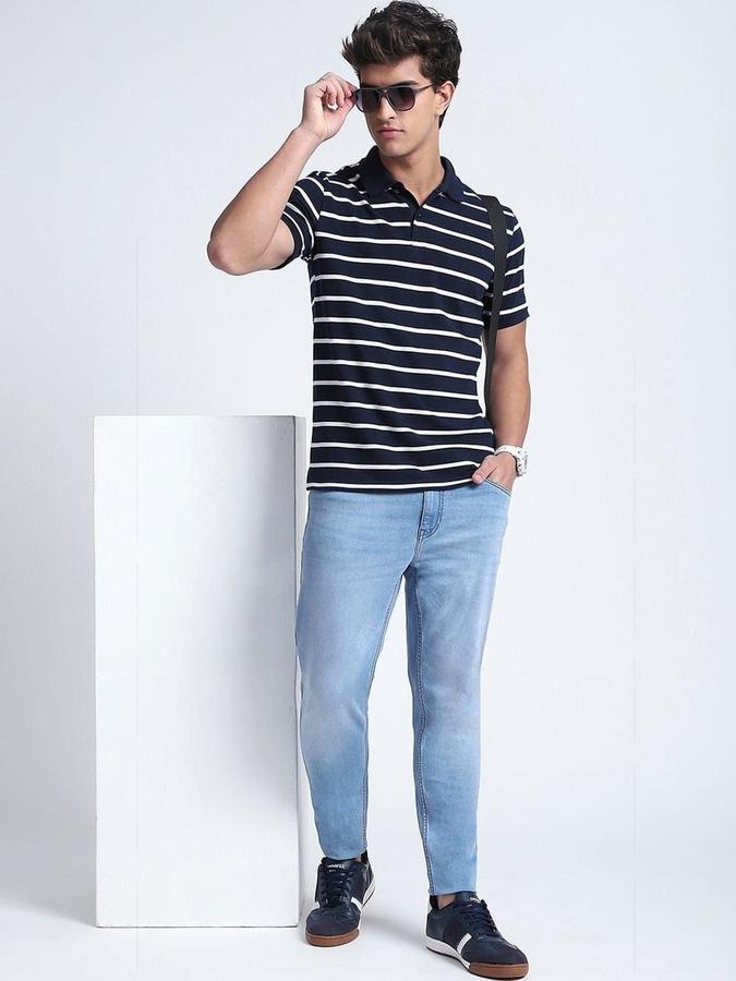 R&B Mens Navy Blue Striped Polo Collar Short Sleeves T-shirt