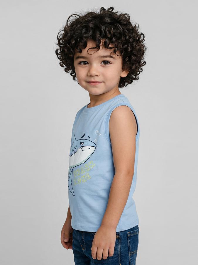 R&B Blue Graphic Print Boys Round Neck Regular Fit Sleeveless T-Shirt 
