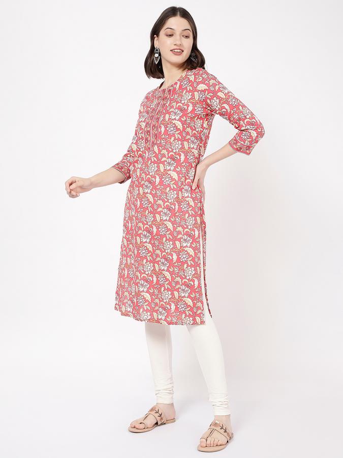 Women Cotton Regular Fit Round Neck Printed Kurta