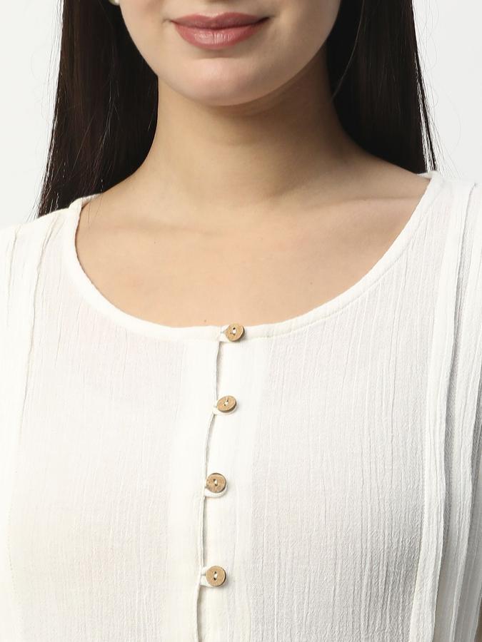 R&B Women White Self Design Long Sleeves Round Neck Knee Length Fit &amp; Flare Dress