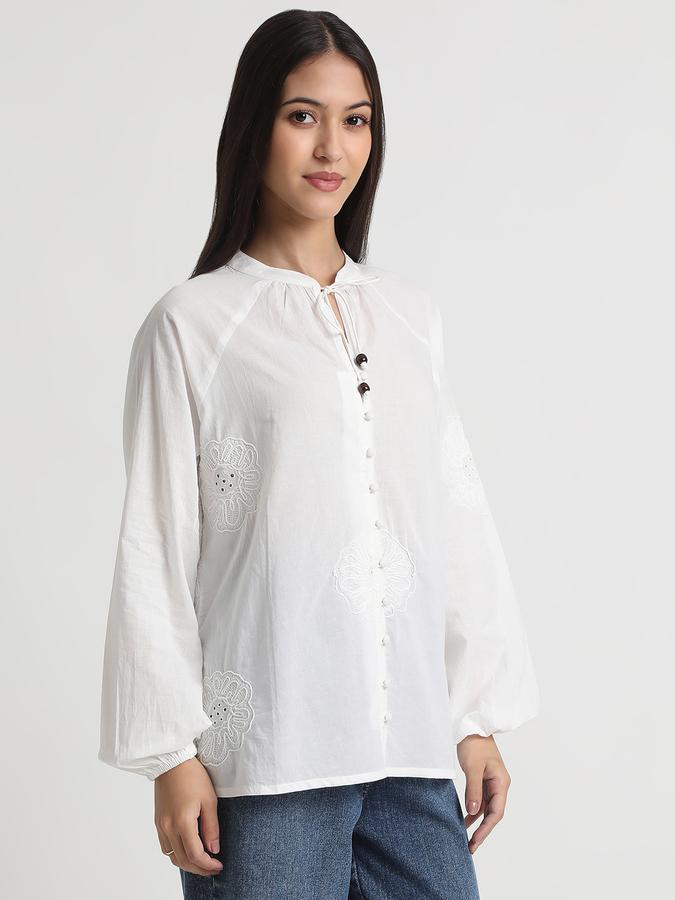 Women Cotton Relaxed Fit Tie Neck Embroidered Top