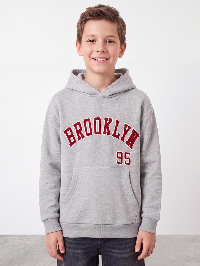 R&B Boys Grey Melange Typography Print Hooded Long Sleeves Sweatshirt