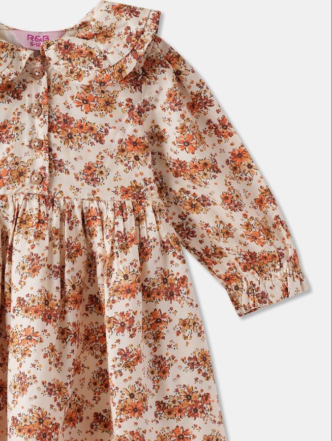 R&B Beige Floral Printed Girls Long Sleeves Dress
