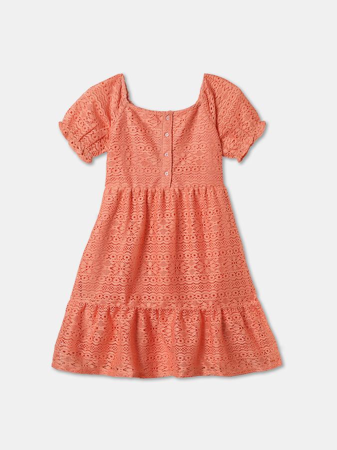 Girls Lace Ruffled Short Sleeve Boat Neck Regular Peach Dress