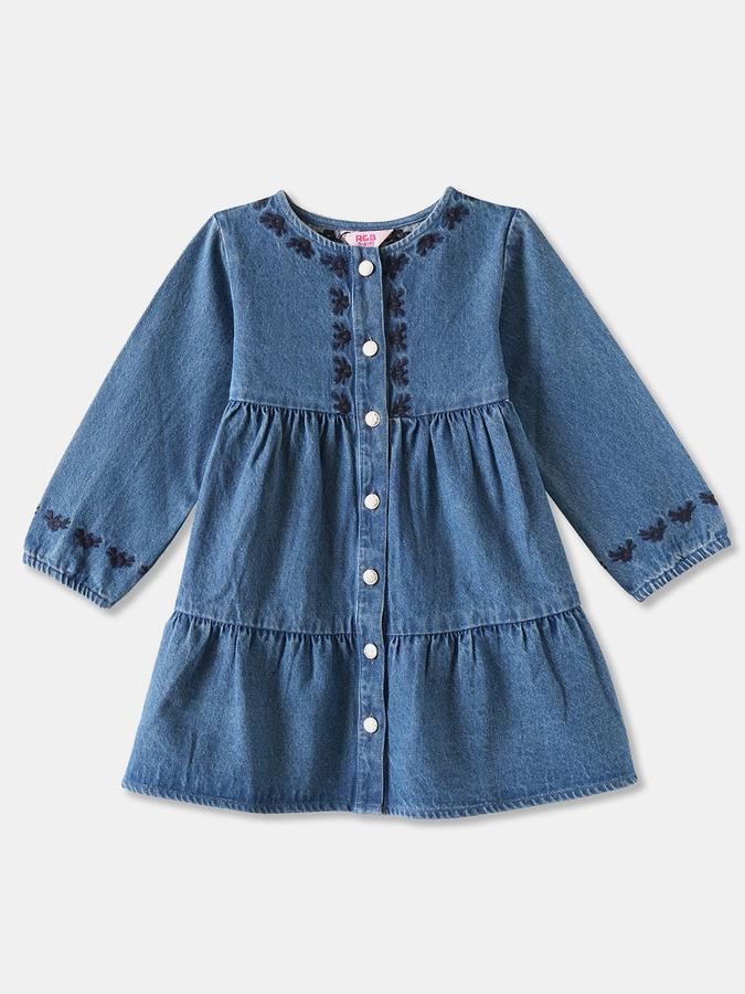 Girls Denim A-Line Round Neck Embroidered Dress