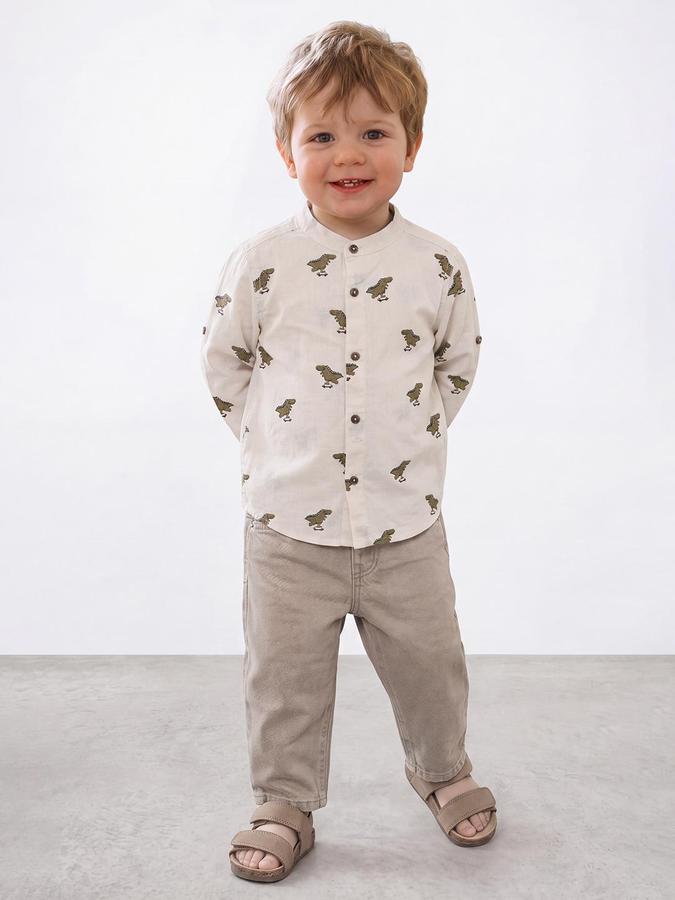 R&B Boys Beige Animal Print Mandarin Collar Long Sleeves Shirt
