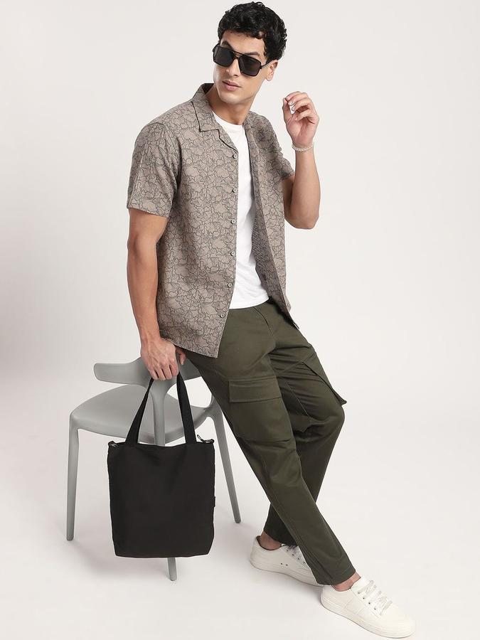 R&B Men Olive Floral Print Half Sleeves Cuban Collar Relaxed Fit Shirt