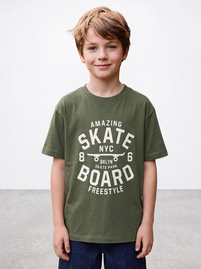 R&B Boys Olive Short Sleeve Round Neck Typography Print T-Shirt