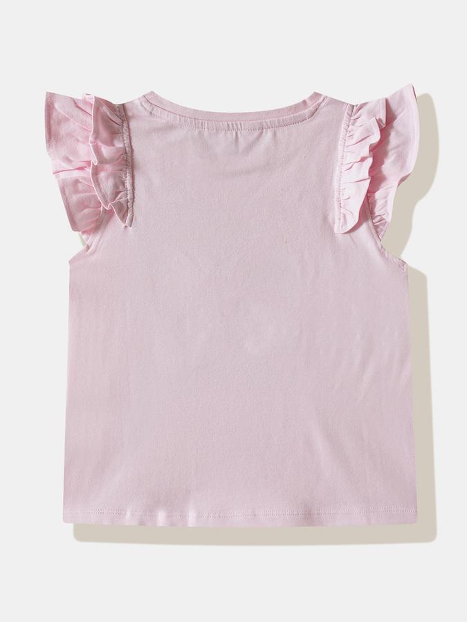 Girls Cotton Blend Regular Fit Crew Neck Ruffle Graphic Top