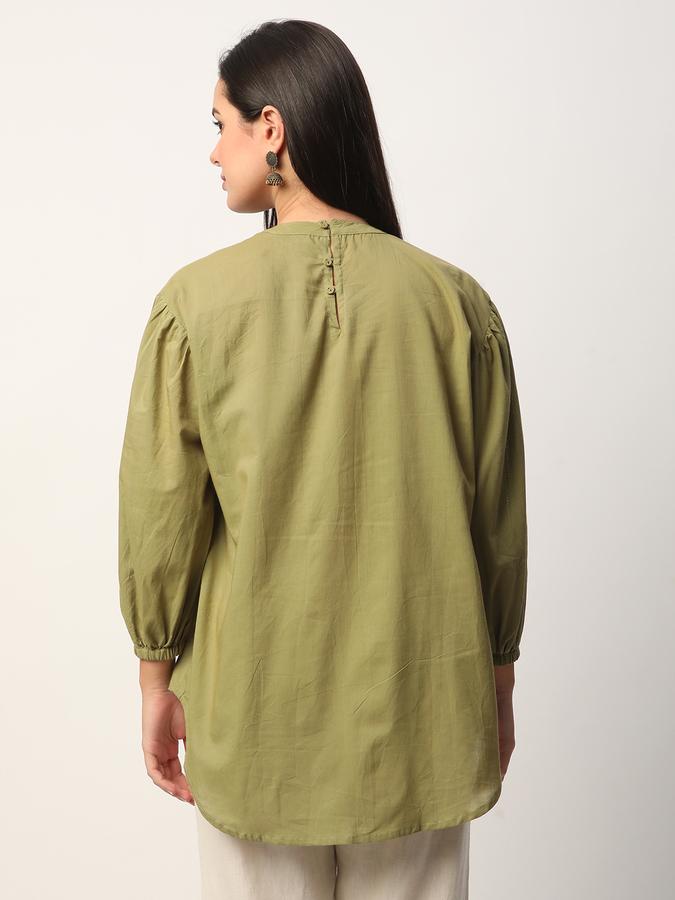 Women Cotton Relaxed Fit Round Neck Solid Ethnic Top